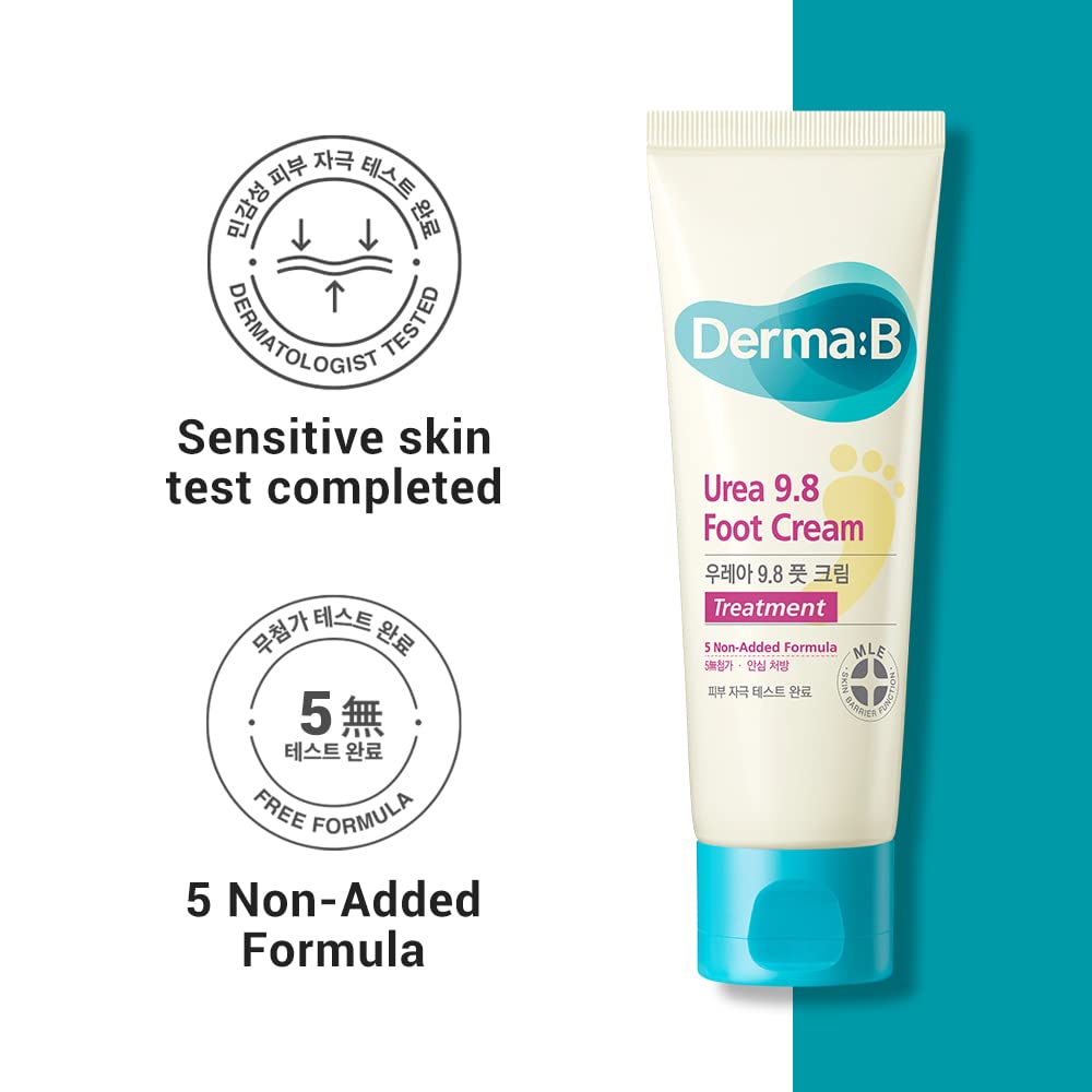 Derma B | Urea 9.8% Foot Cream | Foot Lotion for Dry Cracked Heel Treatment | Camellia Oil, Urea Cream for Feet | Hypoallergenic Leg Cream for Sensitive Skin | Woody Scent Foot Care | 2.7 fl oz (80ml)
