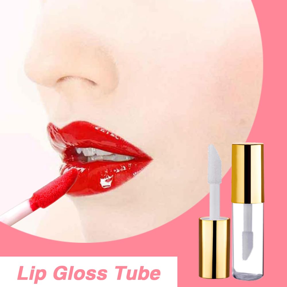 AMORIX 50PCS Mini 1.2ml Lip Gloss Tubes with Wand Empty Lip Gloss Containers Refillable Travel Lip Balm Tubes for Samples with 5ml Syringes DIY Lip Gloss Base + Labels (Gold)