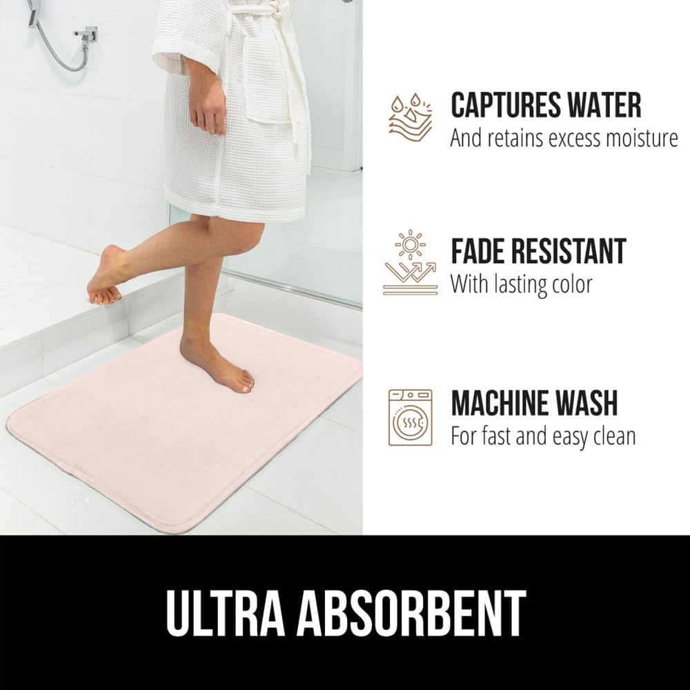 GORILLA GRIP Memory Foam Bath Mat, Soft Absorbent Velvet Bathroom Mats, Durable Dots on Underside, Machine Washable Bathmat, Carpet Rug Room Decor for Shower Tub Floor RV, 24x17 Rugs, Pink