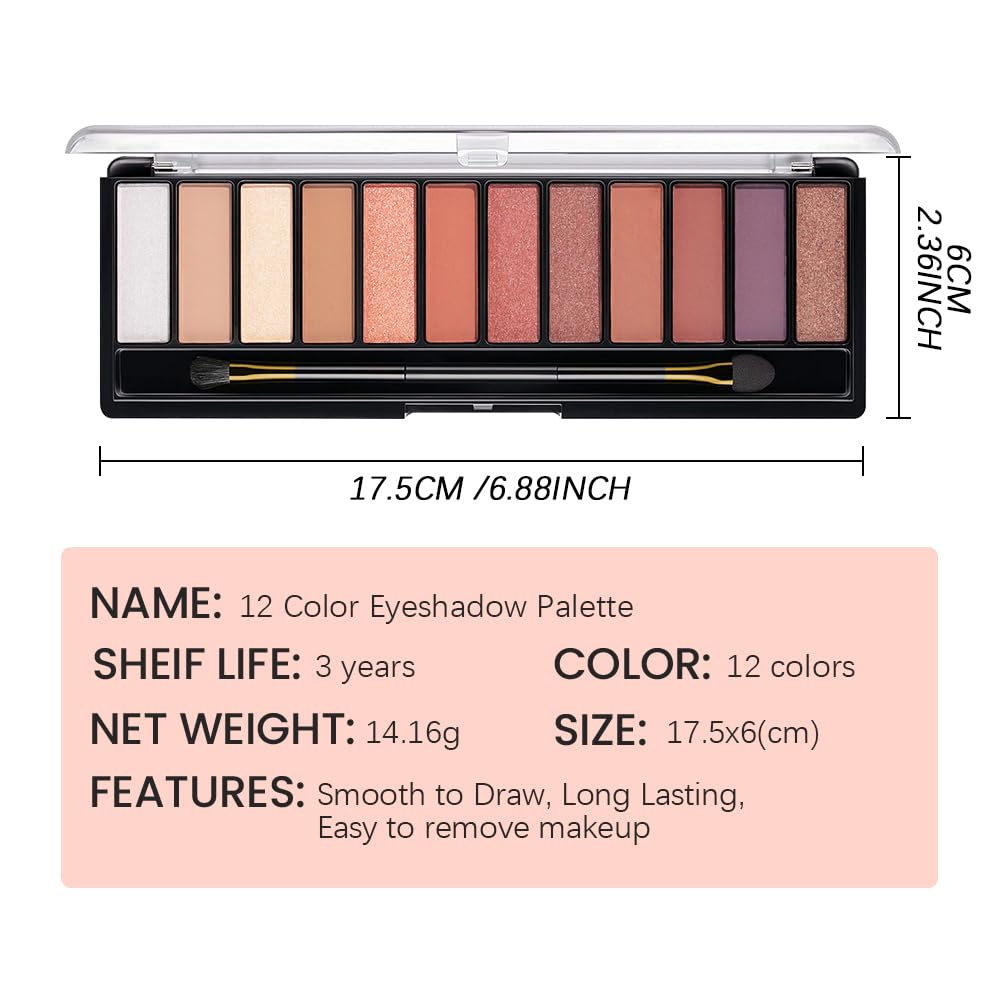 12 Colors Warm Eyeshadow Palette โ Matte, Shimmer & Glitter Copper Coral Tones โ Rose Gold, Champagne, Bronze & Terracotta Shades โ High Pigment, Long-Lasting Eye Makeup for Women โ 04#