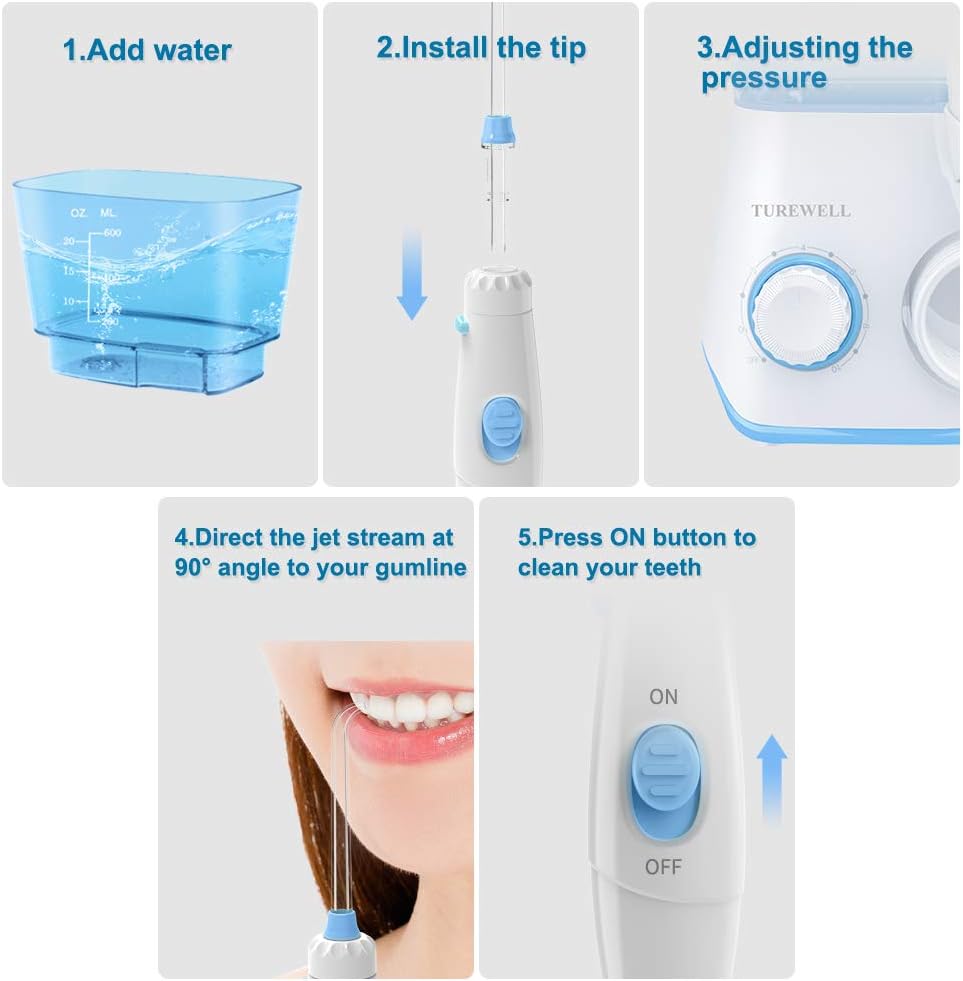 TUREWELL Water Flossing Oral Irrigator, 600ML Dental Cleaner 10 Adjustable Pressure, Electric Oral Flosser for Teeth/Braces, 8 Replacement Jet Tips for Family (White)