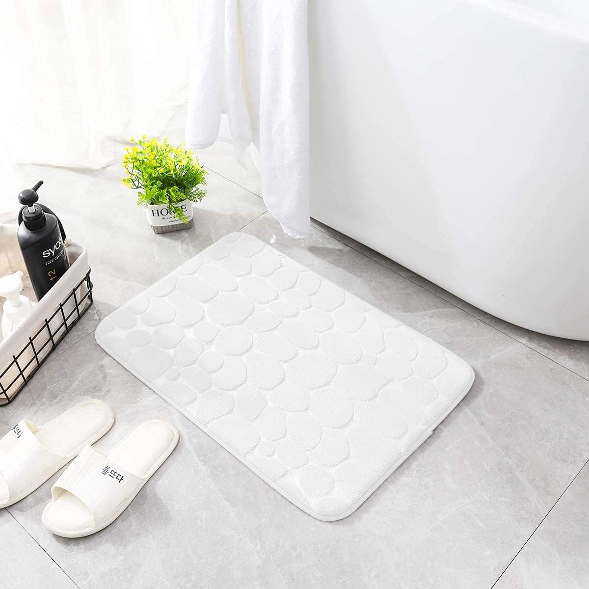 YIHOUSE Memory Foam Bath Mat Cobblestone Bathroom Rugs Super Water Absorbent Bath Mats for Bathroom Machine Washable Bath Rugs(17 x 24,White)