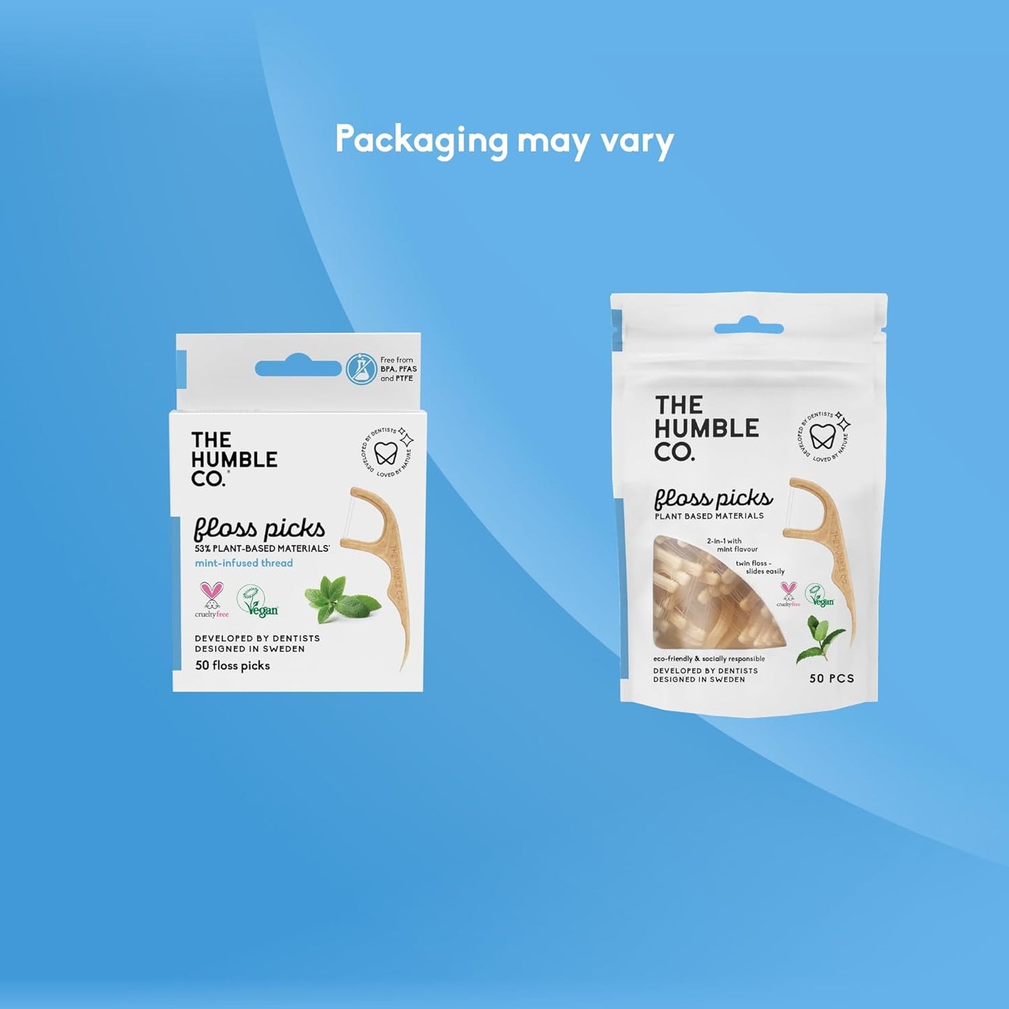 The Humble Co. Floss Picks (200 Count) – Plant Based Dental Floss Picks for Superior Oral Care, Dental Hygiene, and Gum Health, Cruelty Free Tooth Floss Picks (Mint, Double Thread)