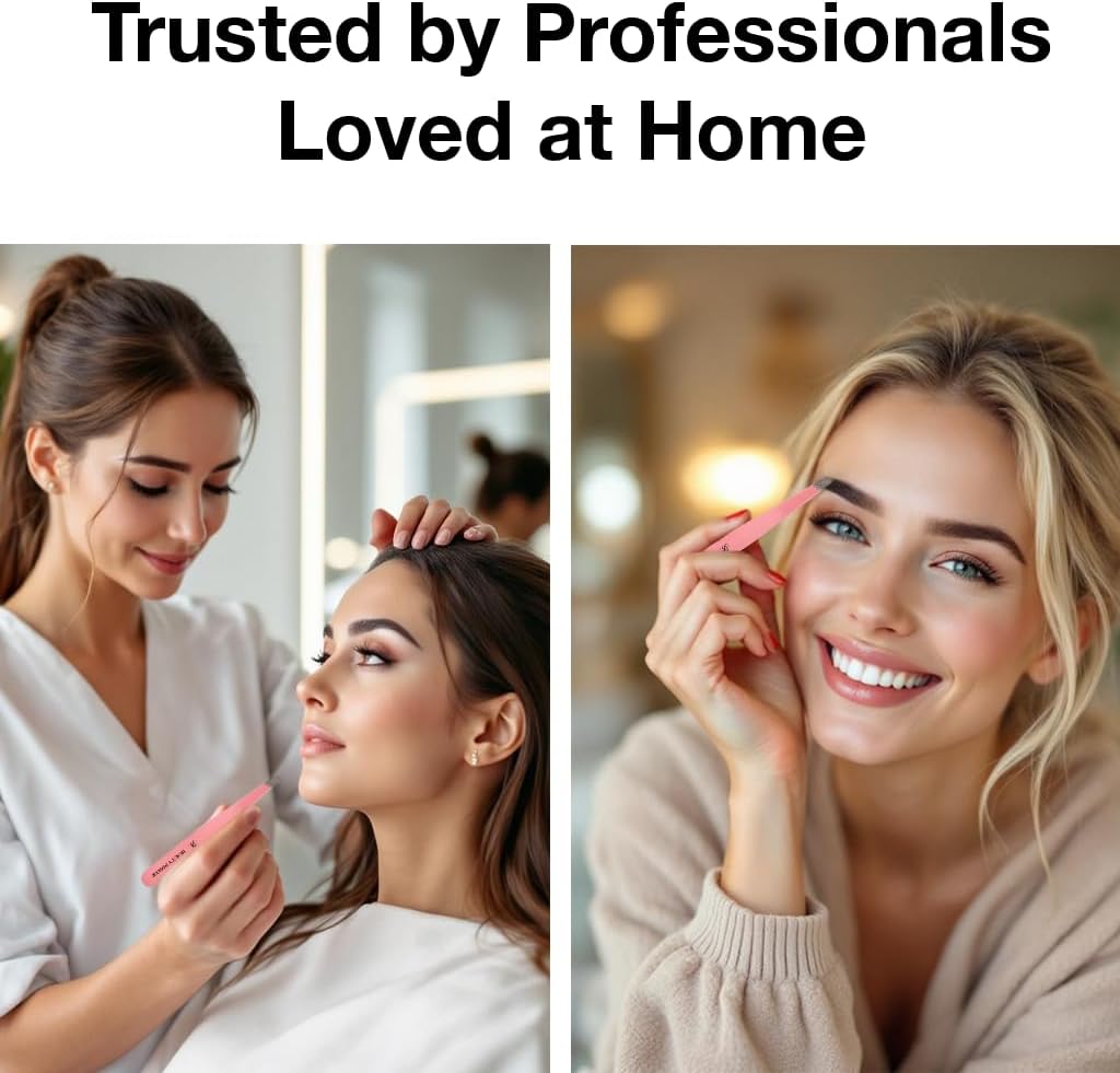 Ultra-Precision Professional Slant Tweezers for Women Facial Hair - German Stainless Steel, Lightweight Black Tweezers for Women & Men, Ideal for Eyebrow & Facial Grooming (Pink)