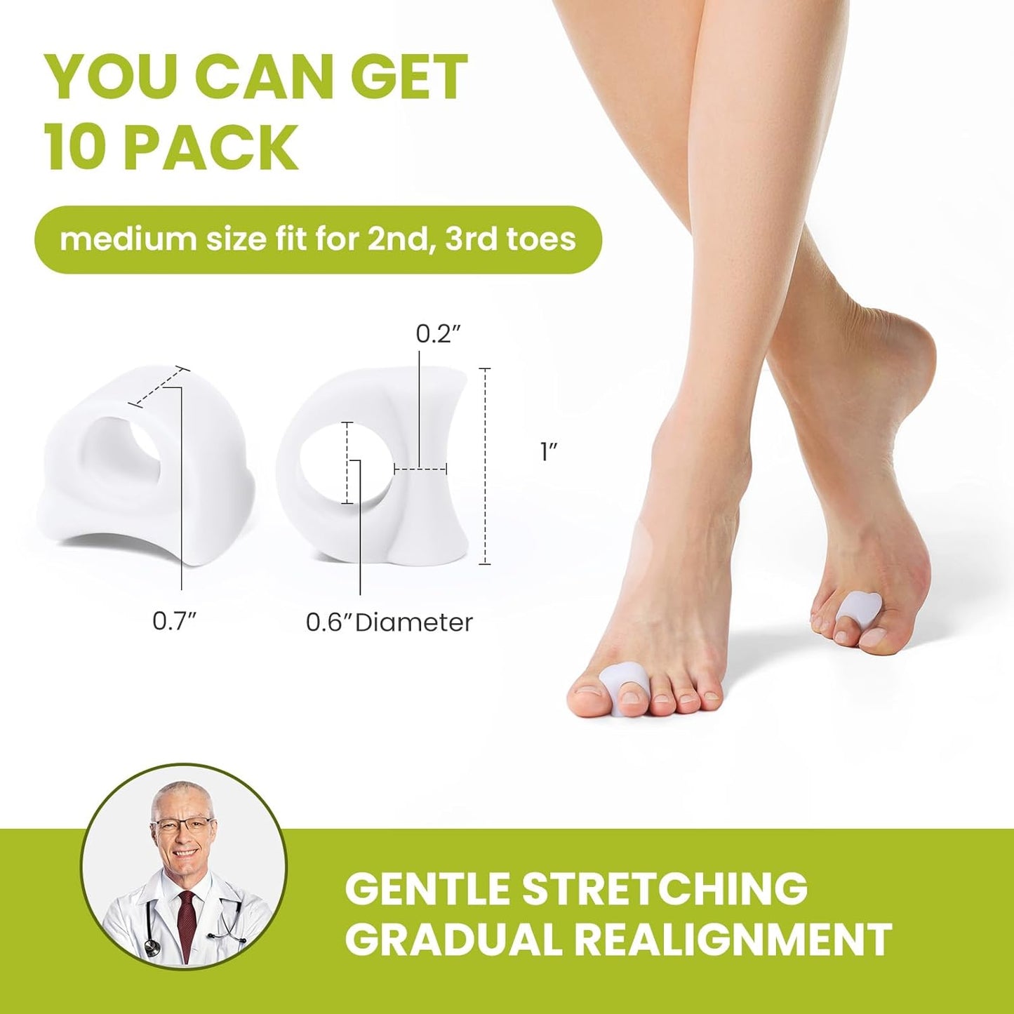 Bukihome Gel Toe Separators for Women -10 Pack Toe Spacers for Overlapping Toes, Bunions, Big Toe Alignment, Bunion Relief - Soft Silicone Toe Corrector for Men (Medium Size)