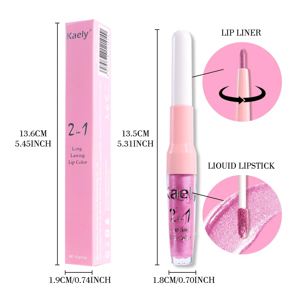 Kaely 2-in-1 Pink Metallic Lipstick and Lip Liner, Shimmer Liquid Metallic Lipsticks for Women, Glitter Lip Gloss Stain Long Lasting Waterproof Smudge Proof 24 Hour, Vegan Makeup, 21