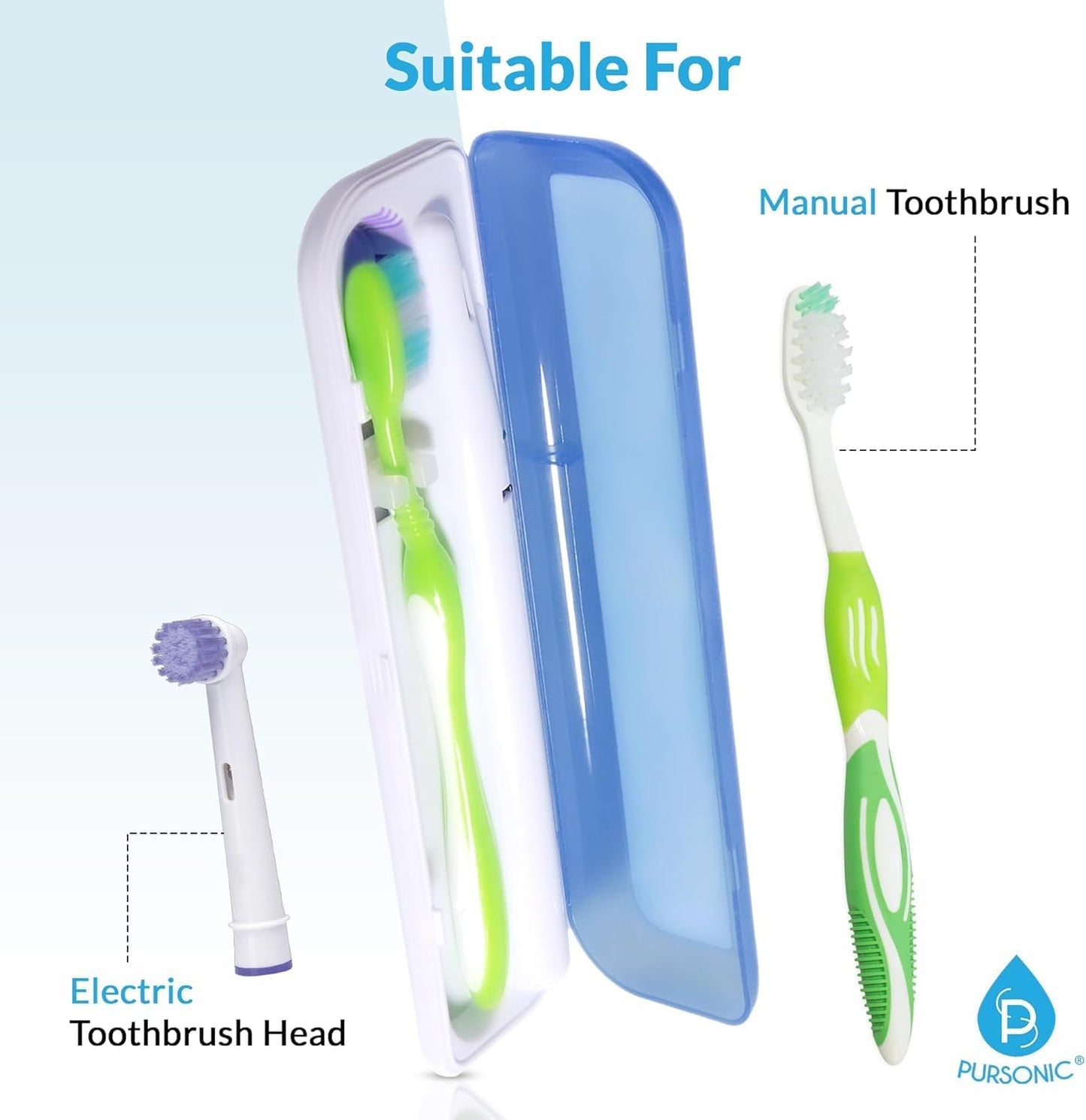 Pursonic Portable UV Toothbrush Sanitizer Case - Travel Toothbrush Sanitizer and Holder - for Electric and Manual Brush Heads with UV Light & Auto Shut Off Timer (2 Pack)