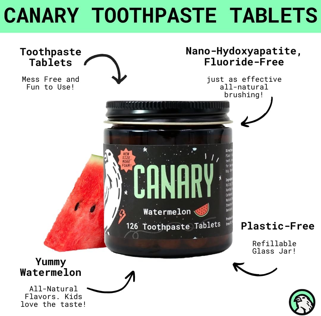 Canary Nano Hydroxyapatite Toothpaste Tablets Watermelon - Remineralizing, Fluoride Free, All Natural Tabs with Xylitol - Great for Kids, Plastic Free - 240 Count