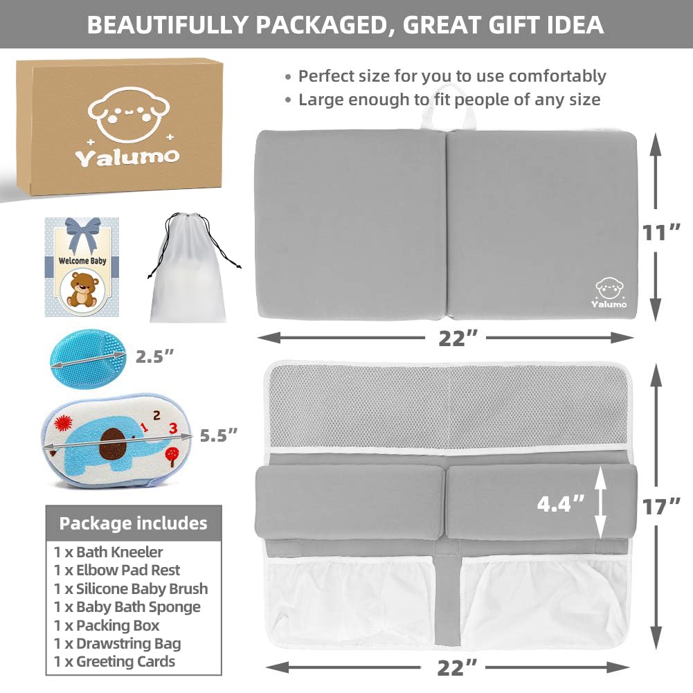 Bath Kneeler and Elbow Rest Pad Set for Baby Bathtub, Thick Non-Slip Bathing Kneeling Mat Cushion Quick Drying Bathtub Knee Saver with Arm Support and Pockets for Bathroom Bathing time Comfort, Gray