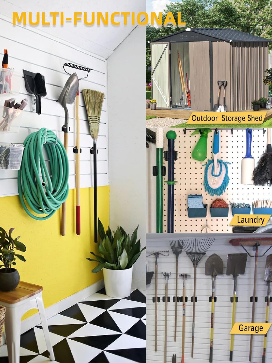 Magnetic Broom Holder for Refrigerator, No Drilling Magnetic Broom Holder Black Steel Magnetic Tool Mount for Home, Kitchen, Laundry, Garage, Workshop - 2 Pack Black+2 Pack Grey