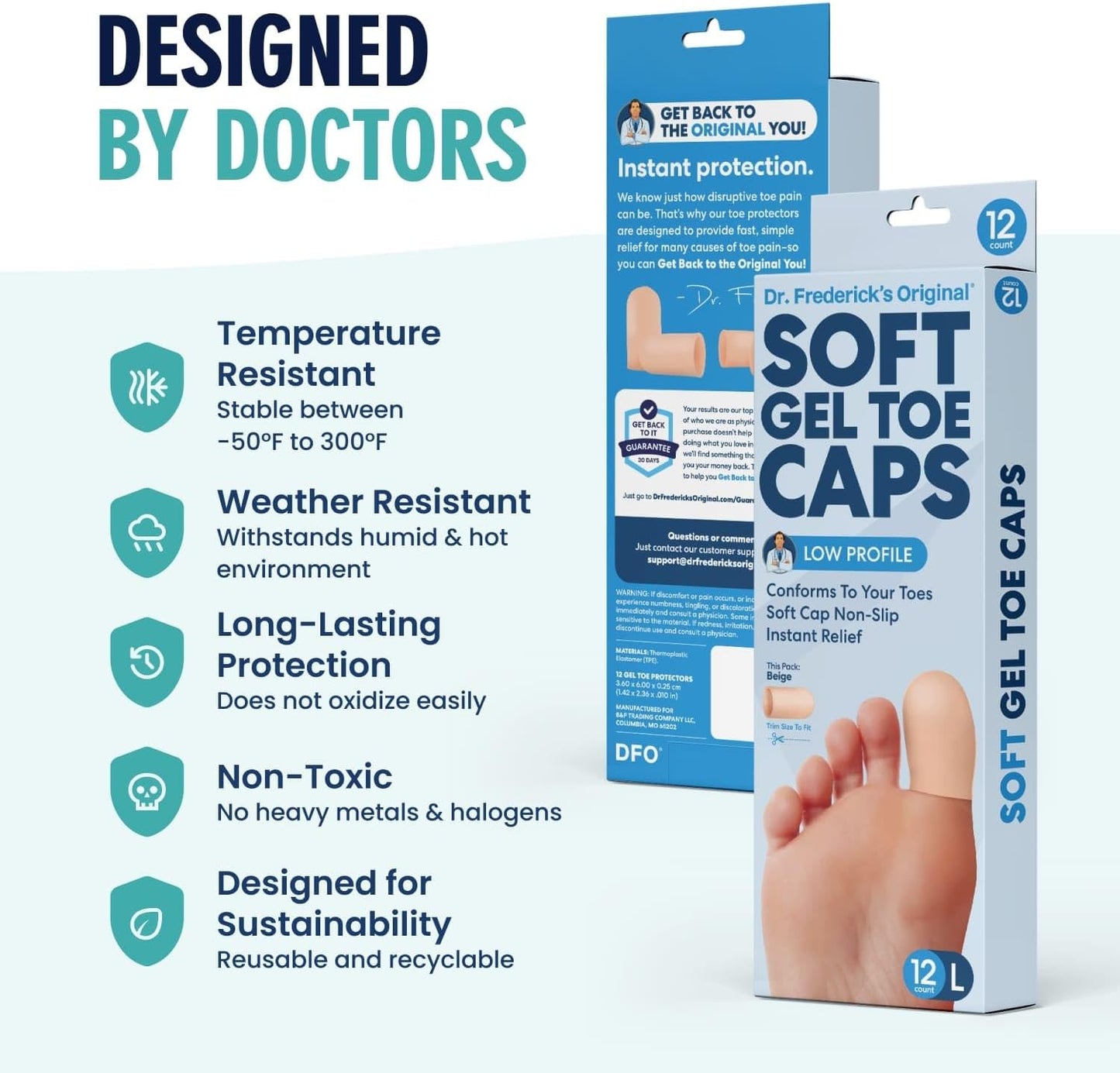 Dr. Frederick's Original Gel Toe Protectors for Men & Women - 12 ct - Toe Caps for Foot Pain Relief - Flexible Cushions for Ingrown Toenails, Corns, Calluses, Blisters, and Comfort -Beige - Large