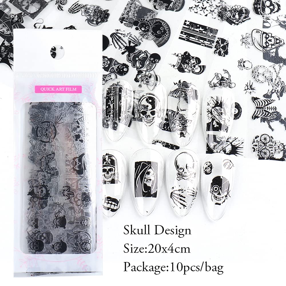 Black Skull Design Nail Foils Halloween Nail Transfer Foil Gothic Skull Nail Art Stickers Decals with Horror Pirate Skeleton Vampire Bone Butterfly Slider Wrap Design Nail Art Decoration Supplies