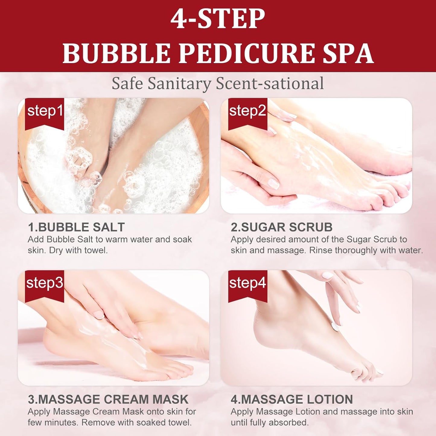Pedicure Kit Foot Soak Set: Bubble Salt, Sugar Scrub, Massage Mask, Massage Lotion in a Box, 4 Step Foot Spa Kit for Dry Feet,Tired Feet๏ผ3 Set Pomegranate)