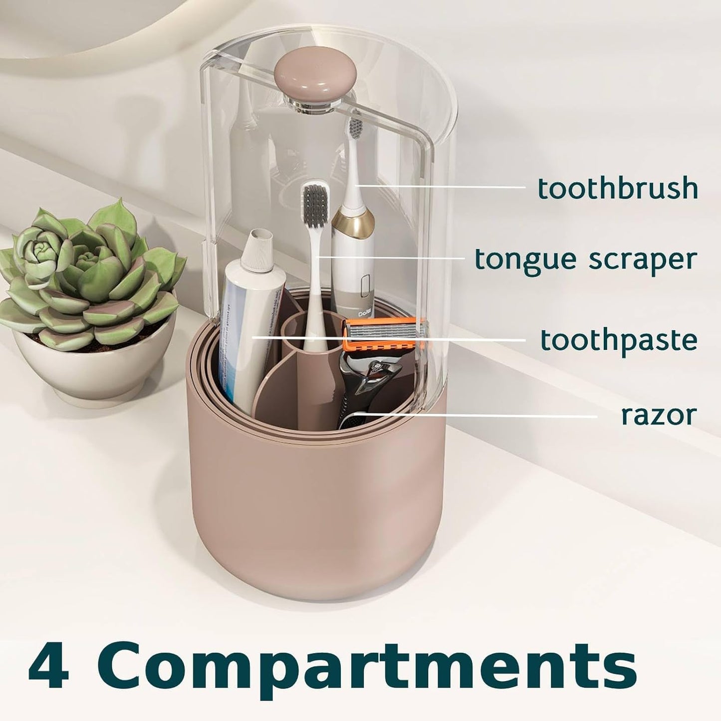 Toothbrush Holder with Cover 360 Rotating 4 Compartments Bathroom Toothpaste Electric Toothbrush Organizer, Pink
