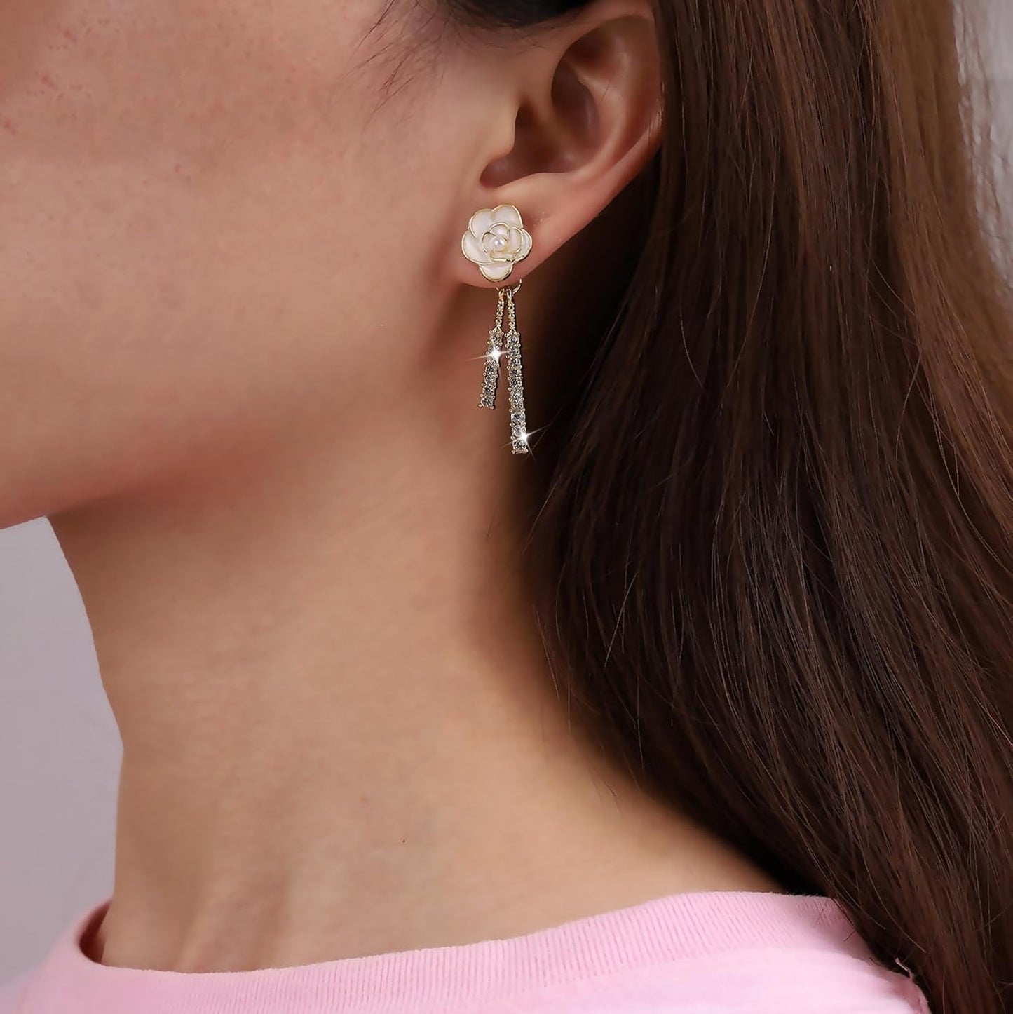 Vintage Crystal Flower Drop Earrings Pearl Camellia Earrings White Camellia Stud Earring Gold Linear Rhinestone Earring Jewelry for Women