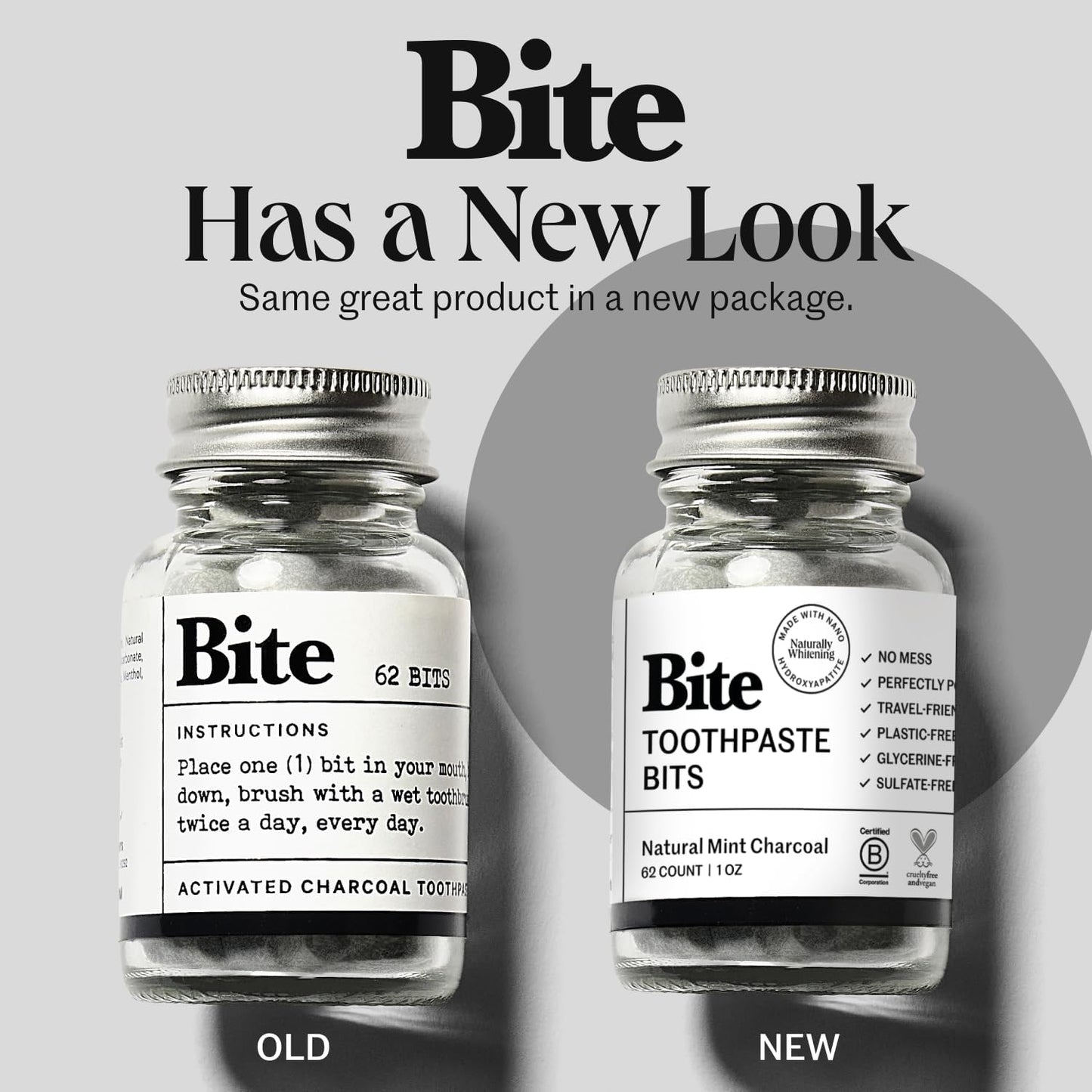 Bite Whitening Toothpaste Tablets – Nano Hydroxyapatite & Xylitol (Mint Charcoal) | Sensitive Teeth Friendly | No Fluoride, Vegan, Cruelty-Free | Travel-Size | 2 Bottles (124 Bits) | Made in USA