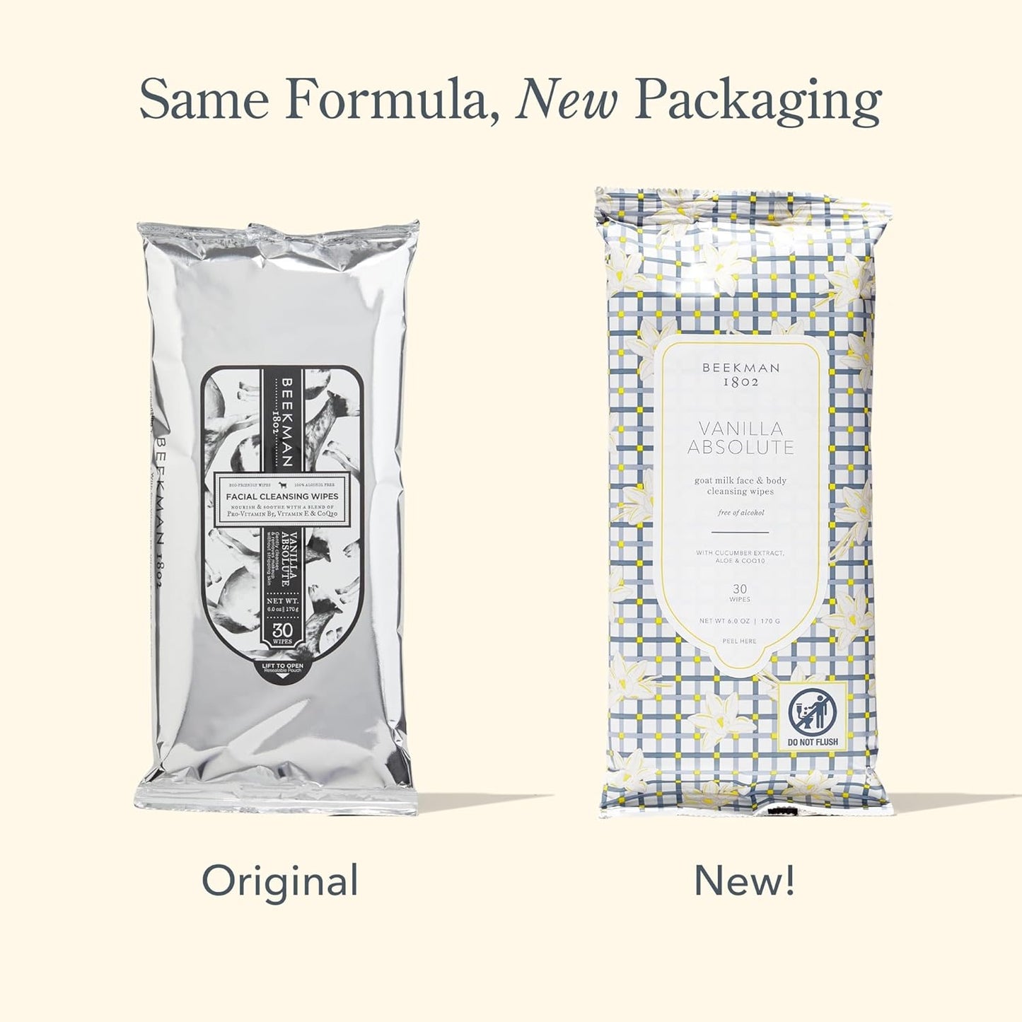 Beekman 1802 Face & Body Wipes, Vanilla Absolute - Scented - 30 Count - Cleanses Dirt & Makeup - With Goat Milk, Aloe & Vitamin E - Alcohol Free, Biodegradable - Good for Sensitive Skin - Cruelty Free