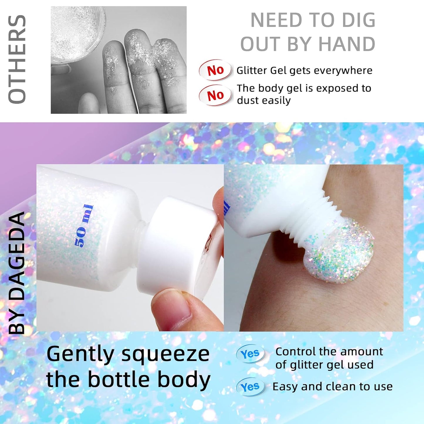 DAGEDA Body Glitter Gel, Holographic Face Glitters Body Gel Shimmer Liquid Eyeshadow, Color Changing Glitter for Face Hair Nails, Glitter Under Light Festival Glitter Makeup 1.7oz (Galaxy Blue)