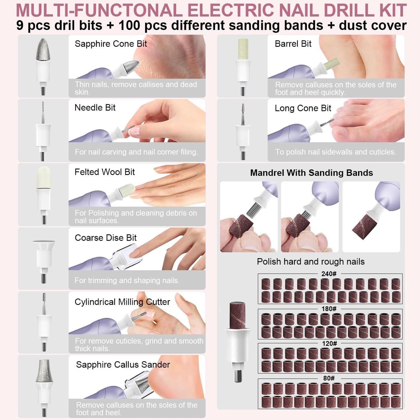 2 Pack 9-in-1 Cordless Nail Drill Kit: 100 Bits, 5 Speeds – Your Ultimate Manicure & Pedicure Solution,Purple