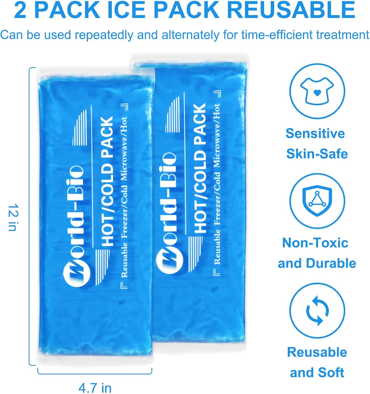 Gel Soft Flexible Ice Packs for Injuries Reusable, 2Pack-12" X 4.7", Freezer Cold Pack, Hot Cold Compress Cooling Gel Pad for Neck, Ankle, Knee, Leg, Shoulder, Elbow, Wrist, Feet Injury Pain Relief