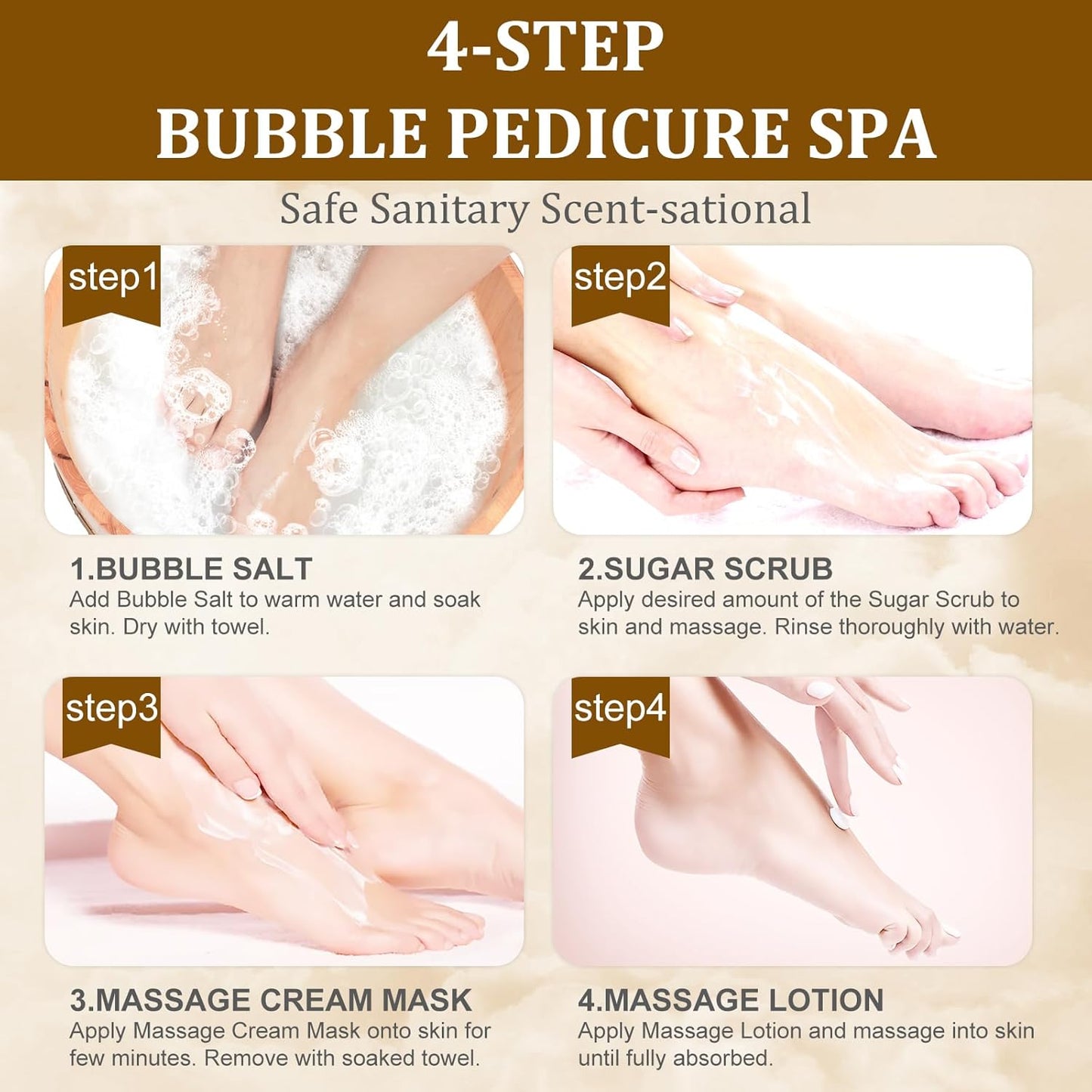 Pedicure Kit Foot Soak Set: Bubble Salt, Sugar Scrub, Massage Mask, Massage Lotion in a Box, 4 Step Foot Spa Kit for Dry Feet,Tired Feet๏ผ3 Set Golden petals)