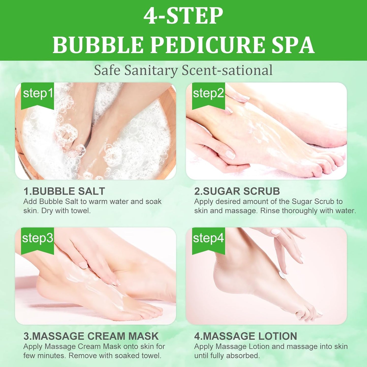 Pedicure Kit Foot Soak Set: Bubble Salt, Sugar Scrub, Massage Mask, Massage Lotion in a Box, 4 Step Foot Spa Kit for Dry Feet, Calluses and Tired Feet(3 Set Peppermint)