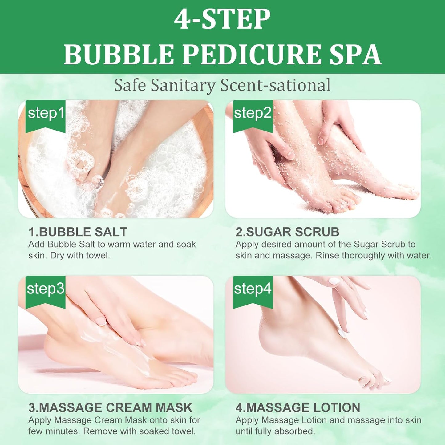 Pedicure Kit Foot Soak Set: Bubble Salt, Sugar Scrub, Massage Mask, Massage Lotion in a Box, 4 Step Foot Spa Kit for Dry Feet,Tired Feet๏ผ3 Set Eucalyptus)