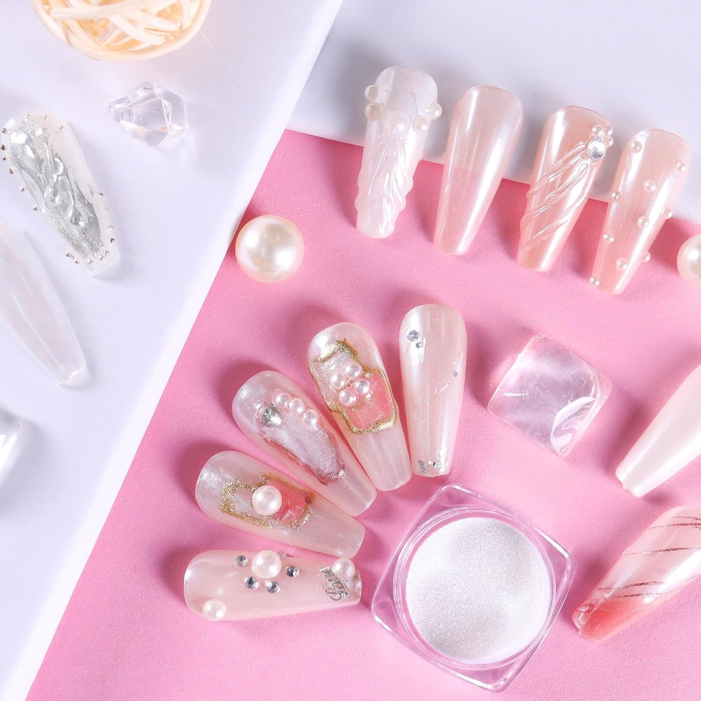 Allstarry White Pearl Chrome Nail Powder, Iridescent Aurora Powder Metallic Mirror Effect Glitter Powder Pearlescent Ice Transparent Mermaid Pigment Pearl Glitter Dust Kit for Nail Art Decoration