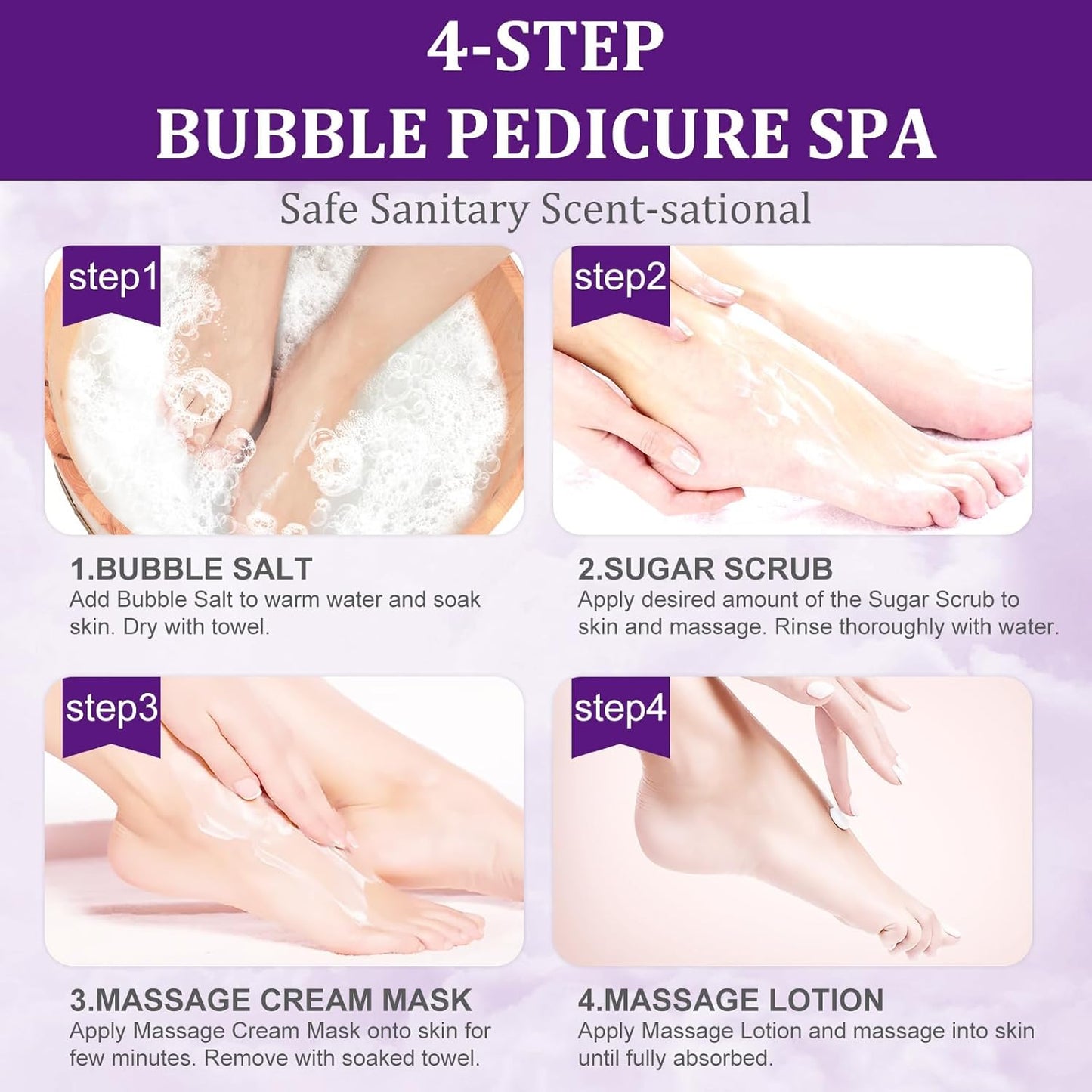 Pedicure Kit Foot Soak Set: Bubble Salt, Sugar Scrub, Massage Mask, Massage Lotion in a Box, 4 Step Foot Spa Kit for Dry Feet, Softens Calluses, Tired Feet๏ผ3 Set Lavender)