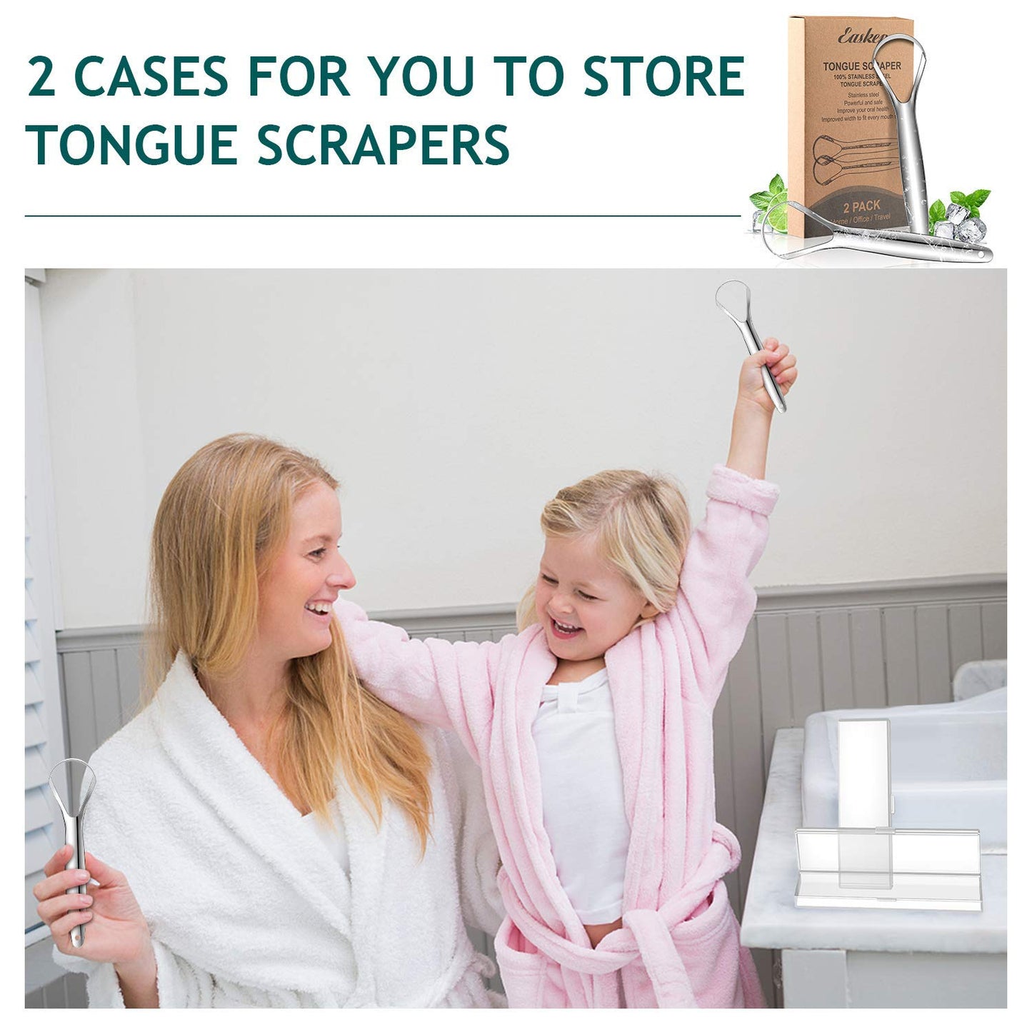 Tongue Scraper (2 Pack), Wide-head Tongue Cleaner with Nice Carrying Box, Easkep 100% Stainless Steel Tongue Scrapers Cleaners, for Men, Women, Adults, Kids๏ผSilver