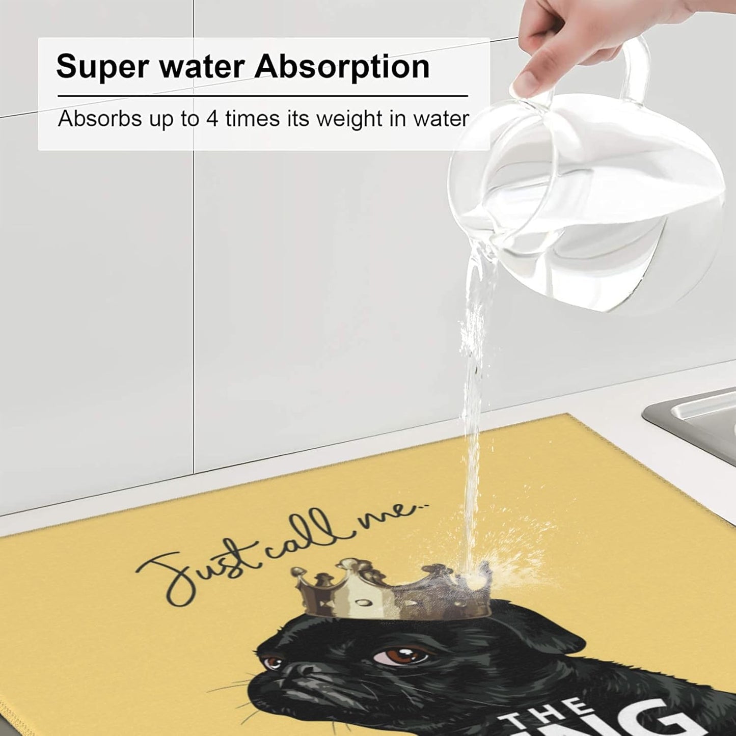 Funny Bulldog Dish Drying Mat for Kitchen Counter Washable Absorbent Reversible Microfiber Cute Dog Drying Pad Kitchen Accessories 16x18 Inch Yellow