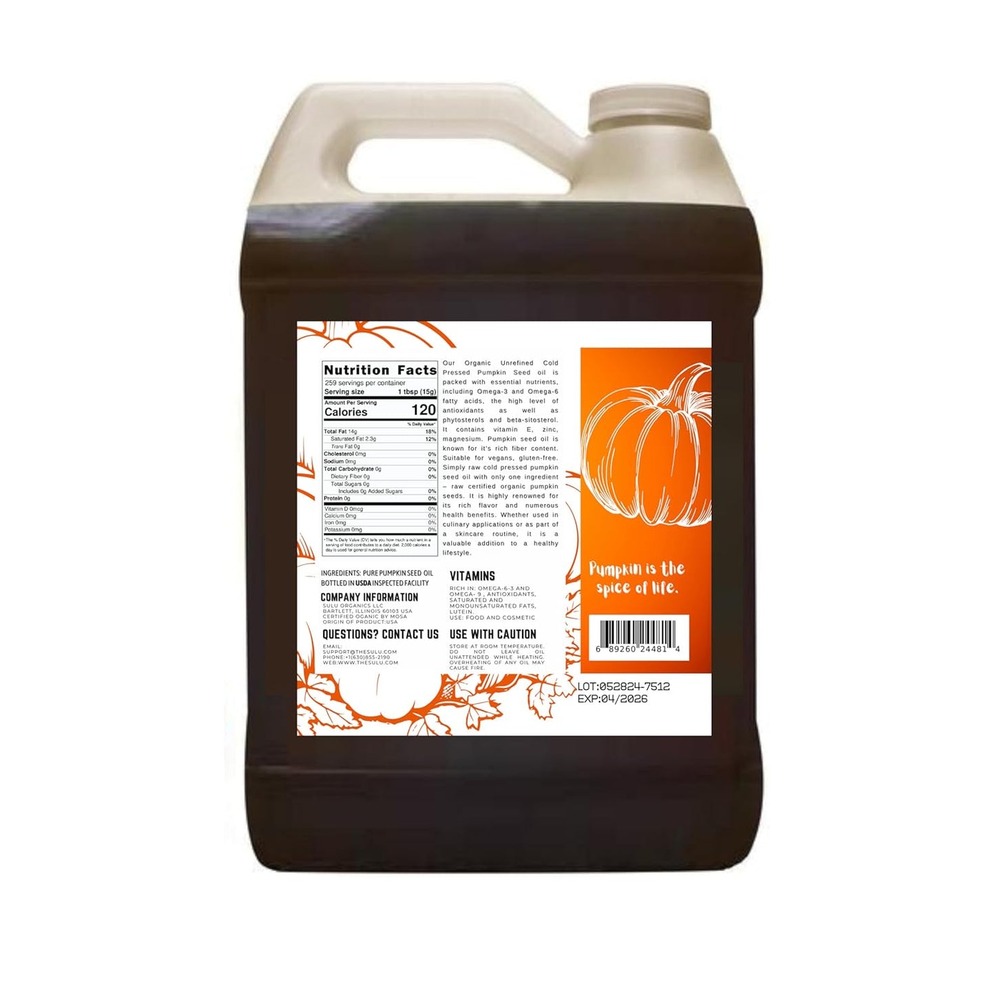 100% Pure Organic Unrefined Virgin Pumpkin Seed Oil All Natural 1 Gallon (128 fl.oz)