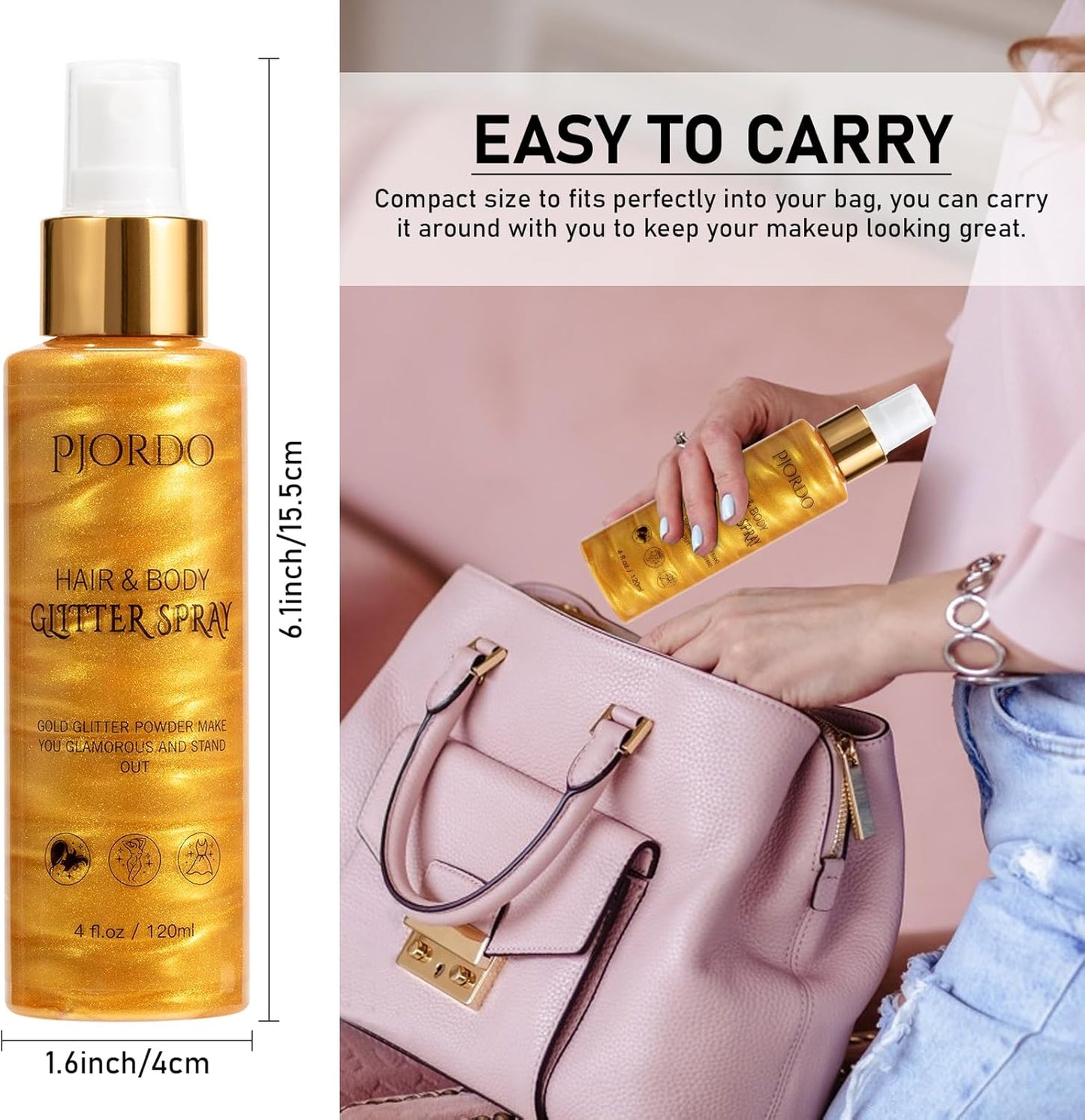 Body Glitter Spray, Shimmer Spray, Gold Glitter for Hair and Body, Glitter Hairspray, Spray for Women Makeup Party Festival Rave 4FL.OZ