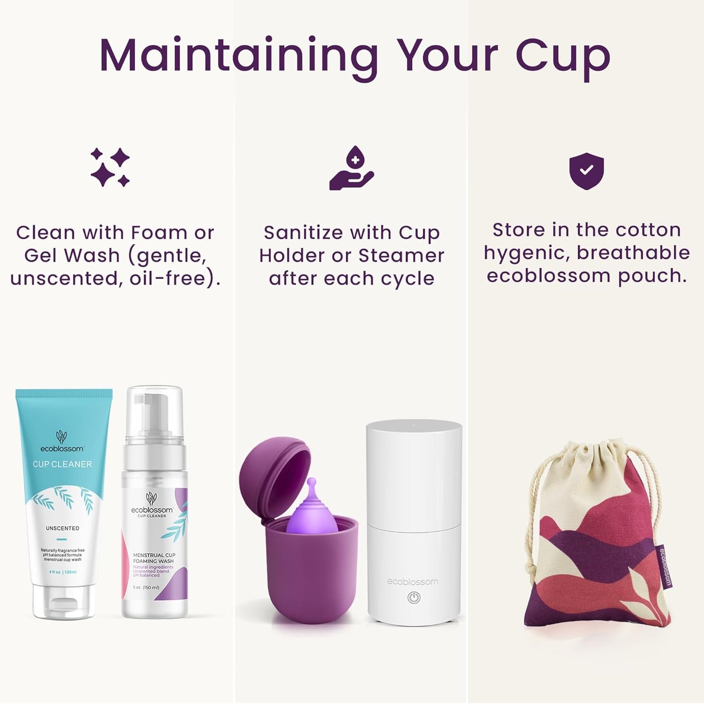 EcoBlossom Reusable Menstrual Cup Set - The Most Reliable Medical Grade Silicone Period Cups - Comfortably use for 12 Hours (Small & Large)