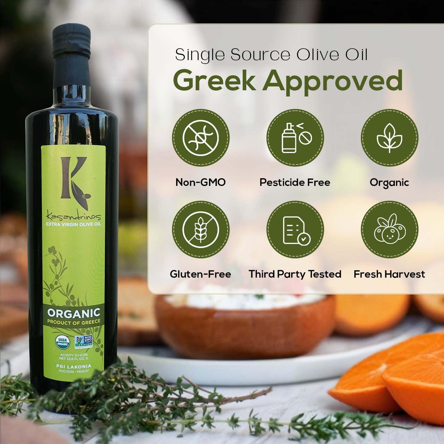 Kasandrinos Organic Olive Oil Extra Virgin, Polyphenol Rich Greek Olive Oil, 100% Organic First Cold Pressed, Mild + Delicate Flavor, Verified by Non GMO, 1 L / 33.8 oz