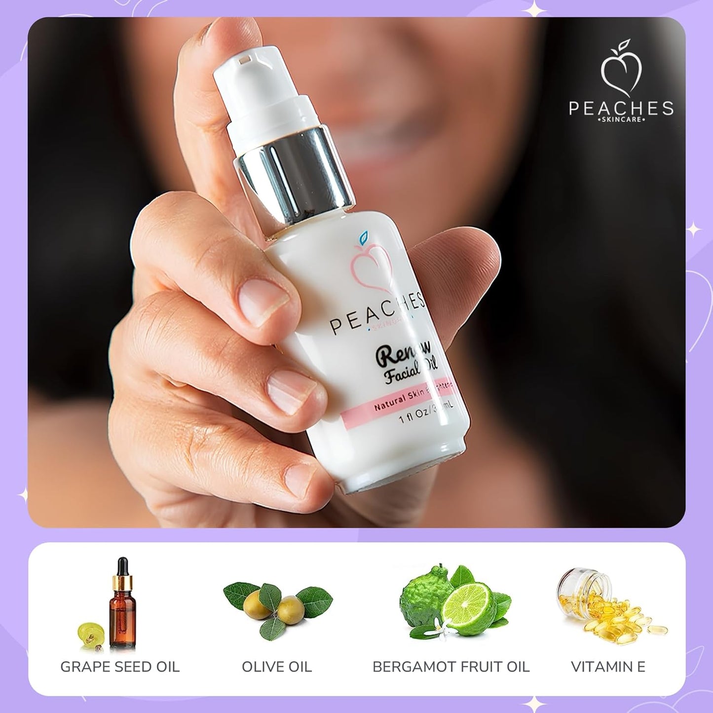 Face Oil for Women – Restorative Blend with Grape Seed, Olive & Bergamot – Age-defying Skin Care for Radiant, Firm Look – Renew Facial Oil (1 oz)