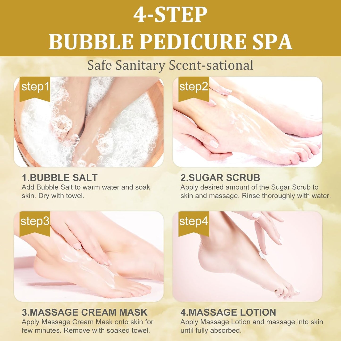 Pedicure Kit Foot Soak Set: Bubble Salt, Sugar Scrub, Massage Mask, Massage Lotion in a Box, 4 Step Foot Spa Kit for Dry Feet, Tired Feet๏ผ3 Set Honey flower)