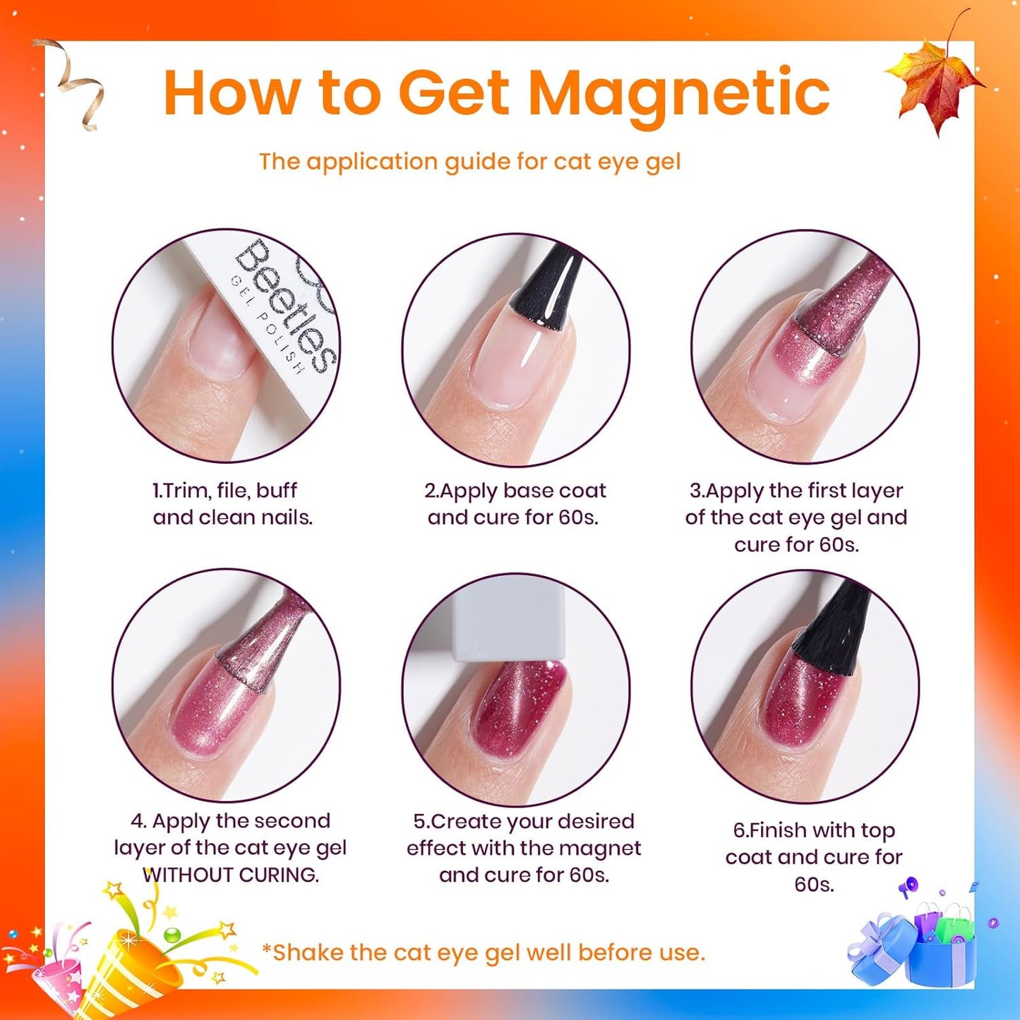 Beetles Cat Eye Gel Nail Polish Set, 6 Colors Brown Purple Glitter Nude Sparkle Stunning Champagne Burgundy Gold lavender Magnetic Effect Nail U v Gel Polish Art Design Gifts for Women