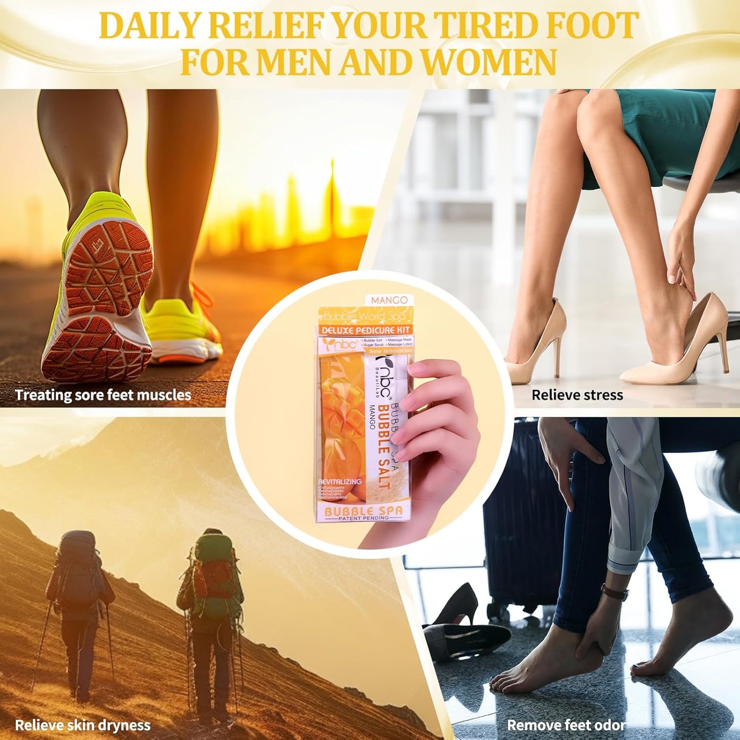 Pedicure Kit Foot Soak Set: Bubble Salt, Sugar Scrub, Massage Mask, Massage Lotion in a Box, 4 Step Foot Spa Kit for Dry Feet, Softens Calluses, Soothes Sore, Tired Feet๏ผ3 Set Rose)