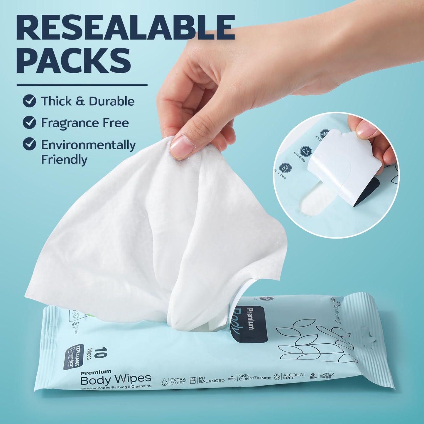 60 XL Shower Wipes – Body Wipes for Adults Bathing No Rinse – 6 Packs of 10 – Extra Moist Bath with Aloe & Vitamin E for Camping, Travel, Gym & Bedridden Care