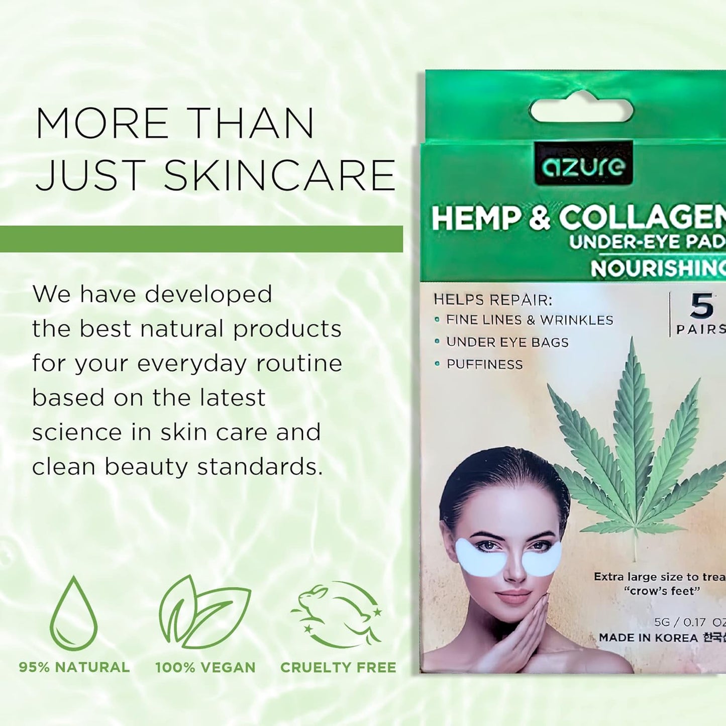 AZURE Hemp & Collagen Nourishing Under Eye Pads - Toning, Hydrating & Anti Aging Eye Mask Patches - Reduces Fine Lines, Wrinkles, Dark Circles & Puffiness - Skin Care Made in Korea - 5 Pairs