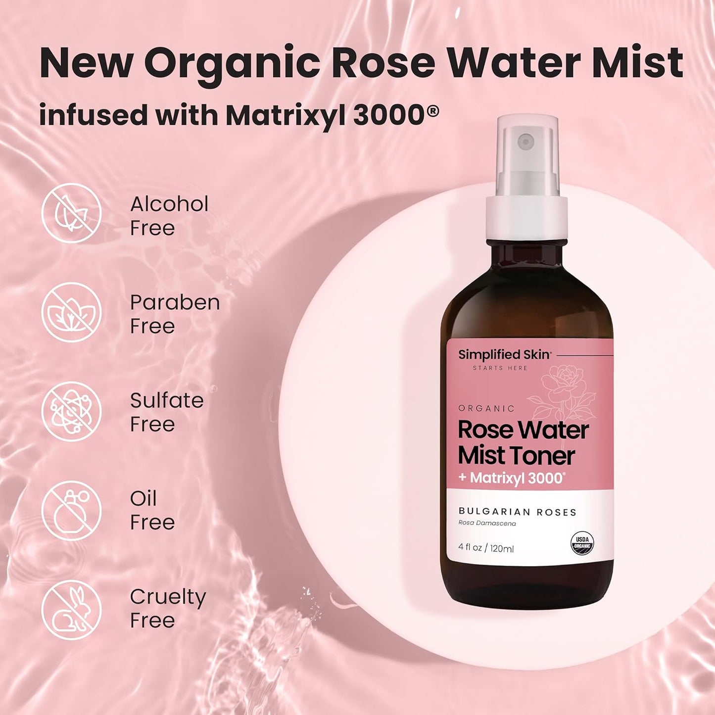 Rose Water Spray for Face with Matrixyl 3000 - Organic Rosewater Face Mist with Aloe Vera & Hyaluronic Acid - Hydrating, Reduces Fine Lines, Boosts Collagen Production, & Soothes Skin - 4 Fl Oz