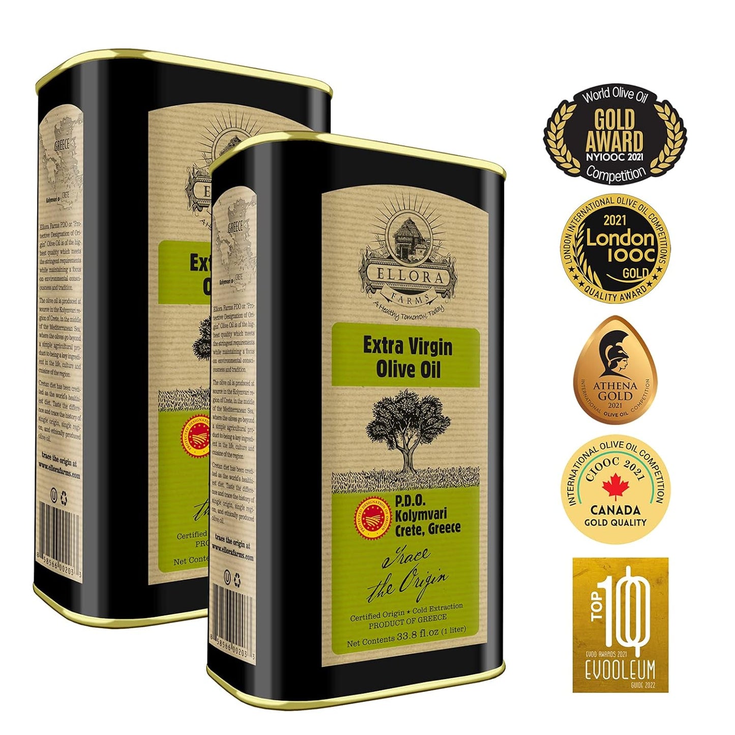 Ellora Farms Olive Oil Extra Virgin, Traceable & Certified PDO Polyphenol Rich Extra Virgin Olive Oil Cold Pressed, Global Gold Awards, Kosher, Single Origin from Crete, Greece 33.8 Fl oz, Pack of 2