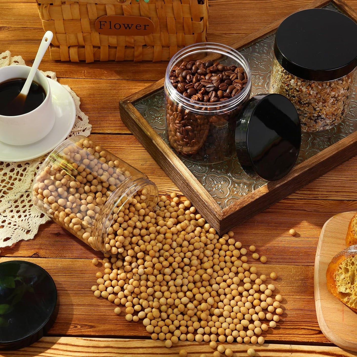 SATINIOR 24 Pieces Empty Clear Plastic Jars with Lids Round Storage Containers Wide Mouth for Beauty Product Cosmetic Cream Lotion Liquid Butter Craft and Food(Black Lid,16 oz)