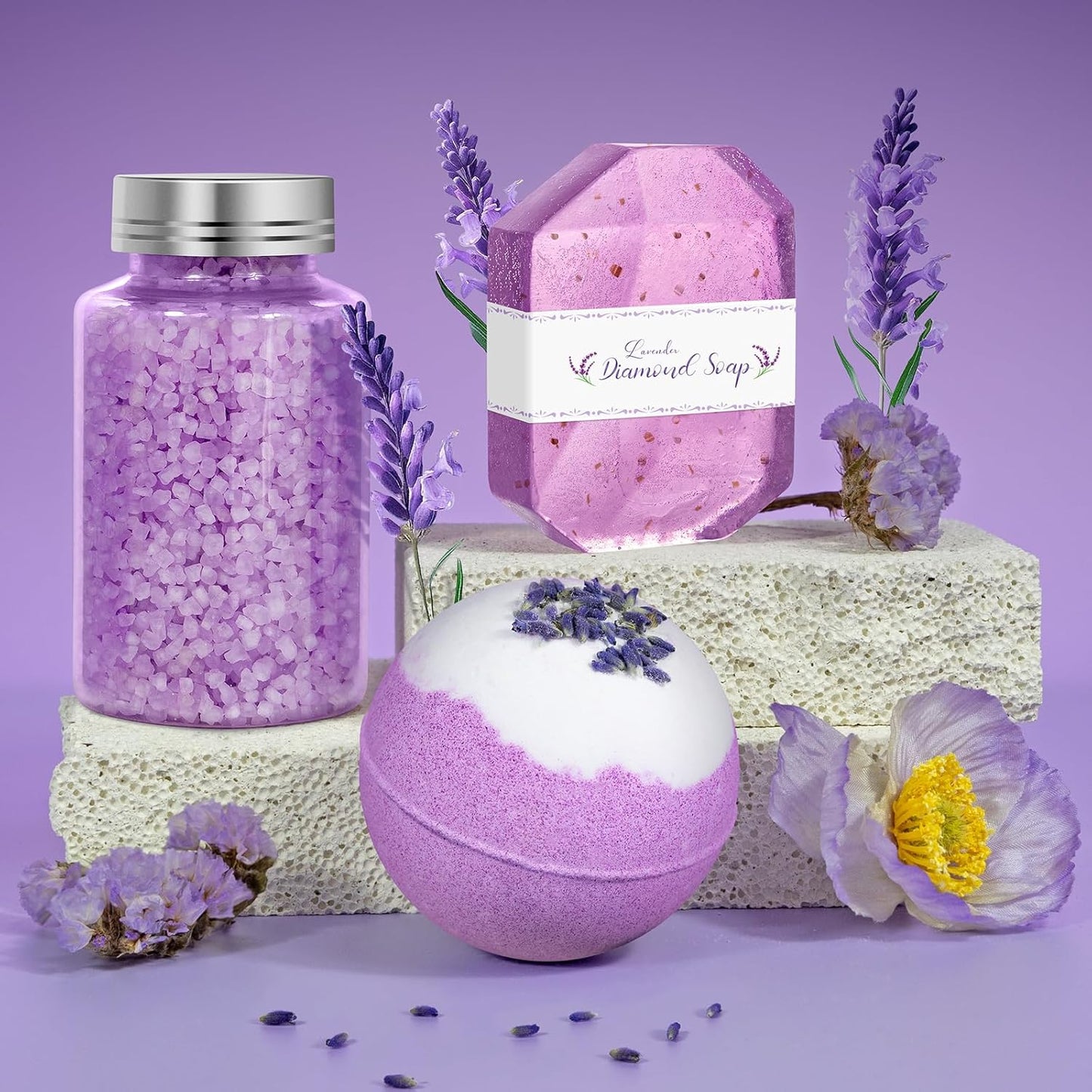 Bath Gift Set for Women, Christmas Stocking Stuffers for Women, Birthday White Elepant Gifts for Wife Her Sister Mom Auntie Grandma Friends, Relaxing Spa Self Care Lavender Bath Bombs Set