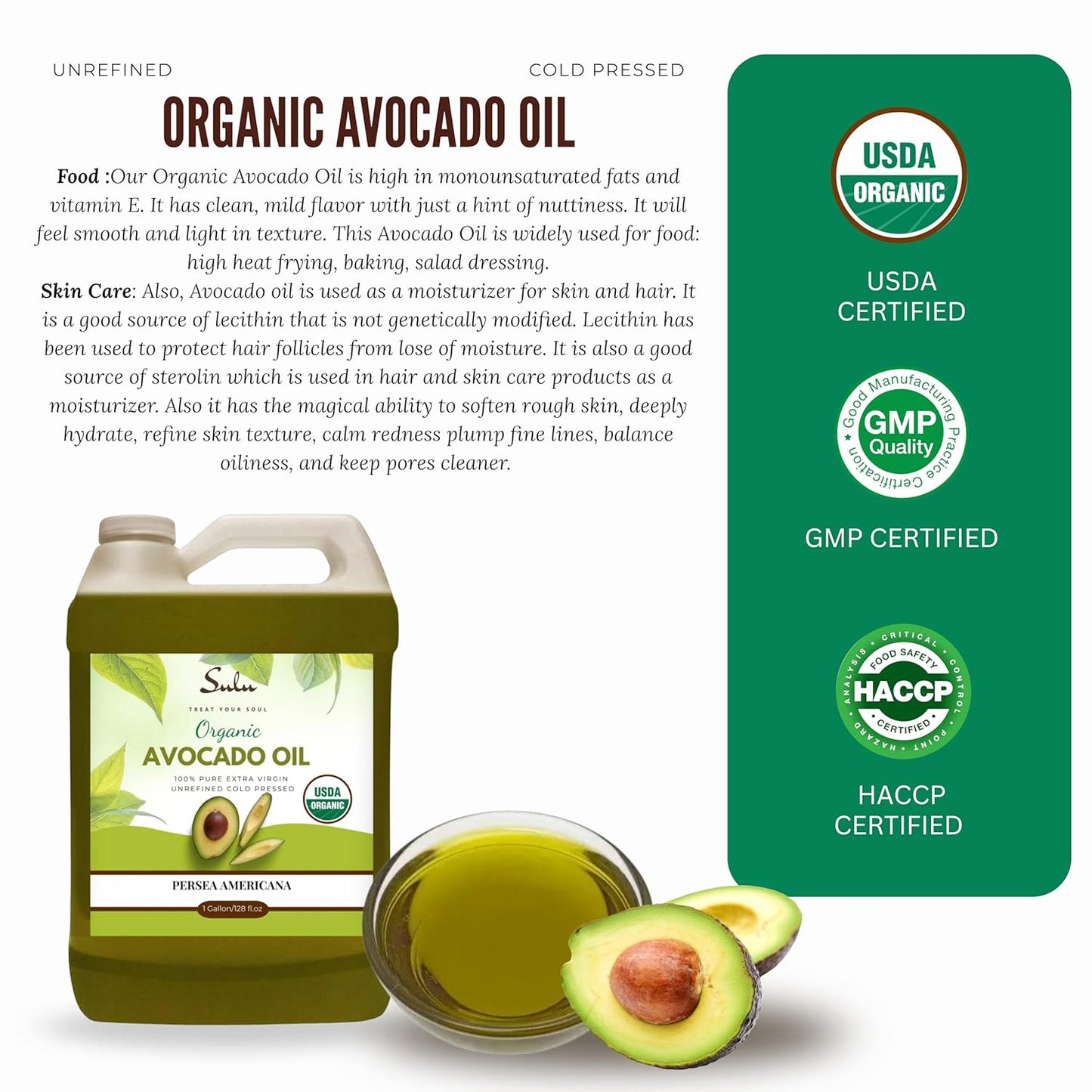 USDA Certified Organic Cold Pressed Unrefined Raw Avocado Oil - 1 Gallon/128 fl.oz