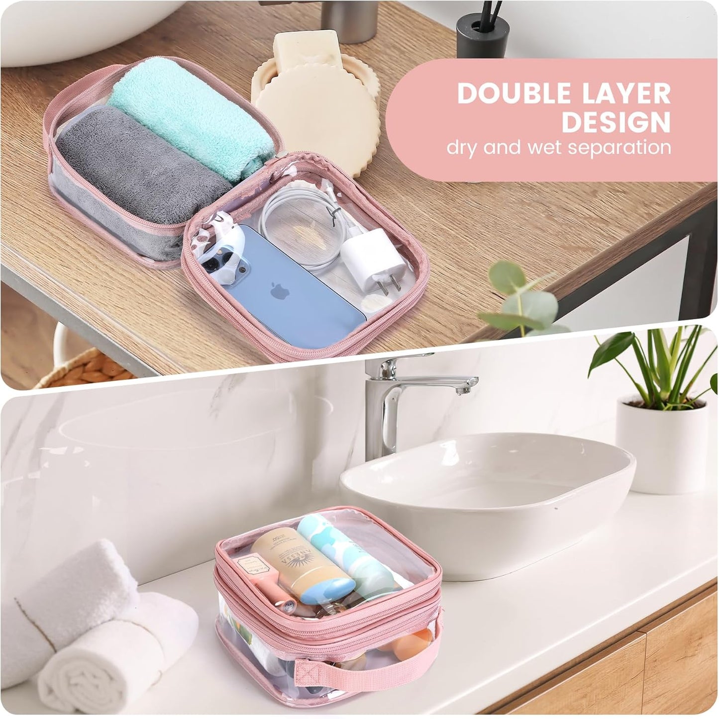 TSA approved small toiletry bag - clear travel pouch carry on case organizer reusable see-through pvc plastic small (pink