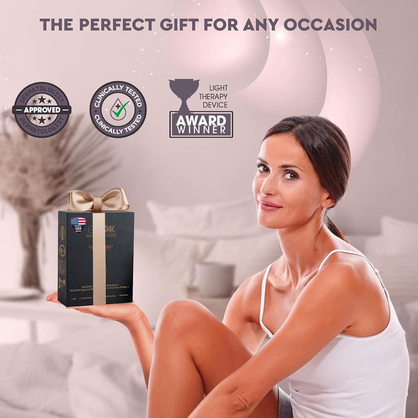 GLO24K Red Light for Face & Neck Beauty Device - 3 in 1 Facial Massager Tool and Neck Care Device for Turkey Neck, Anti Wrinkle, Face and Neck Massager for Women