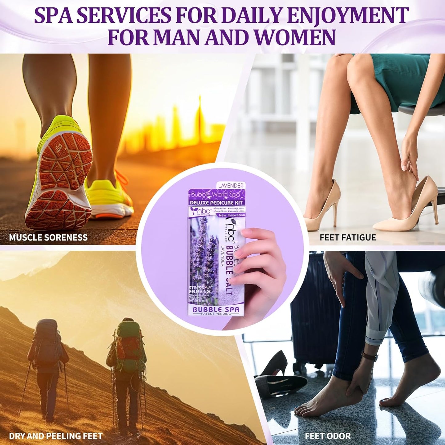 Pedicure Kit Foot Soak Set: Bubble Salt, Sugar Scrub, Massage Mask, Massage Lotion in a Box, 4 Step Foot Spa Kit for Dry Feet,Tired Feet๏ผ1 Set Lavender)