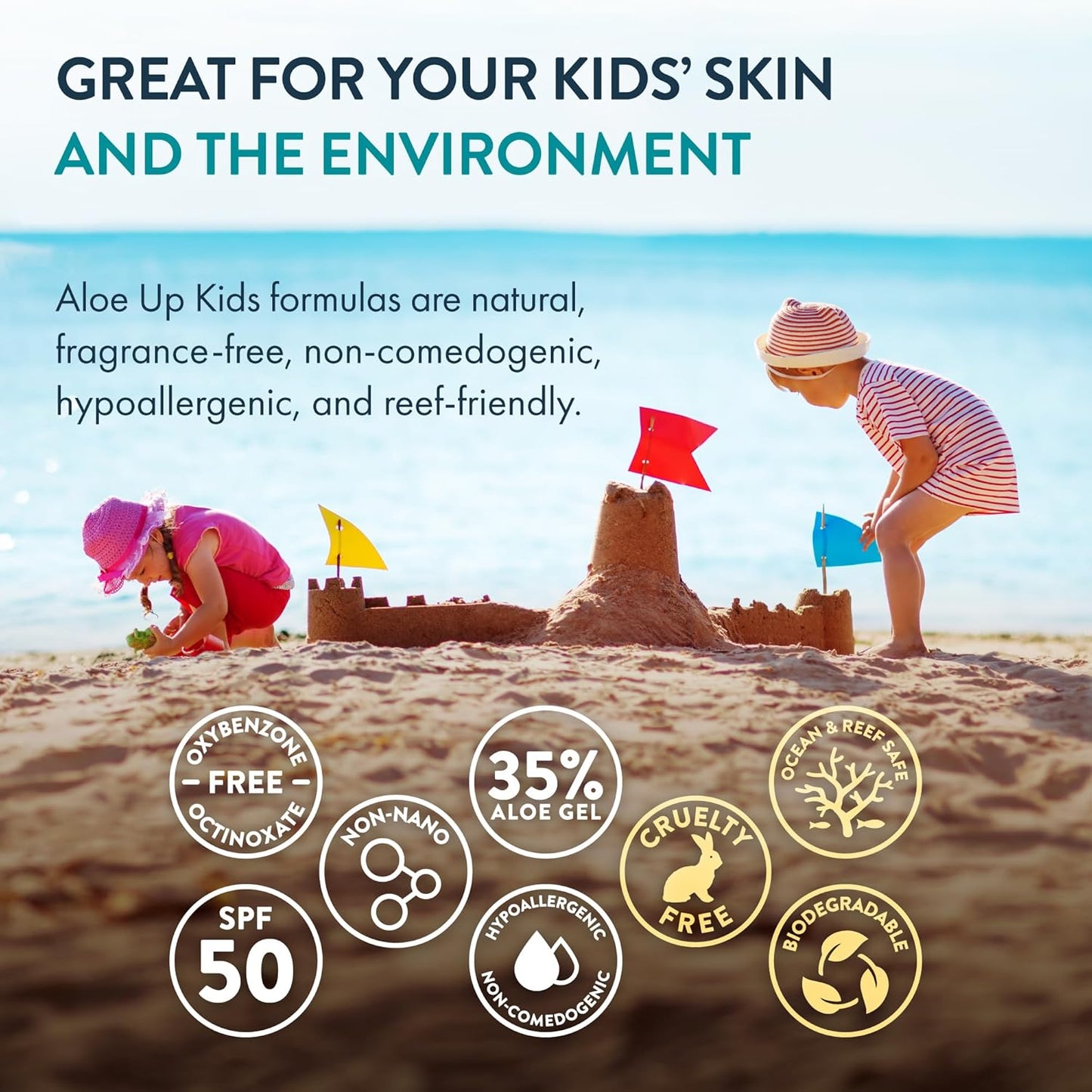 Aloe Up Kids Broad Spectrum Mineral Sunscreen Spray SPF 50 - Alcohol-Free Face and Body Sun Protector for Sensitive Skin - With Gen2 Zinc Oxide and Aloe Vera - Reef Safe - Fragrance-Free - 4.5 Oz